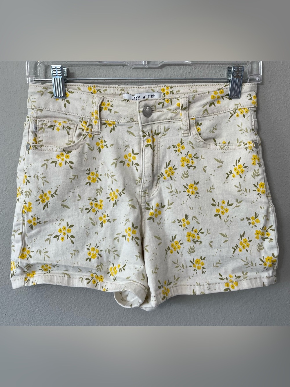 Judy Blue Women’s Small Ivory Yellow Floral Print Denim Shorts Stretch